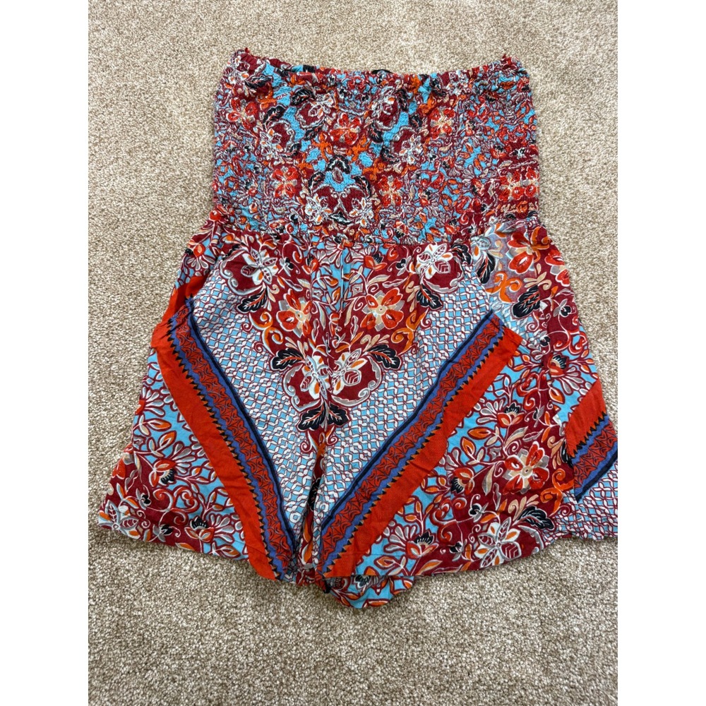 Angie Womens Red Blue Paisley Floral Smocked Strapless Boho Romper Med Festival